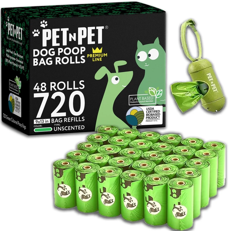 PET N PET – Sacs à crottes pour chien 720, sans parfum, 41% base végétale, 9x13 po, avec distributeur (48 rouleaux)