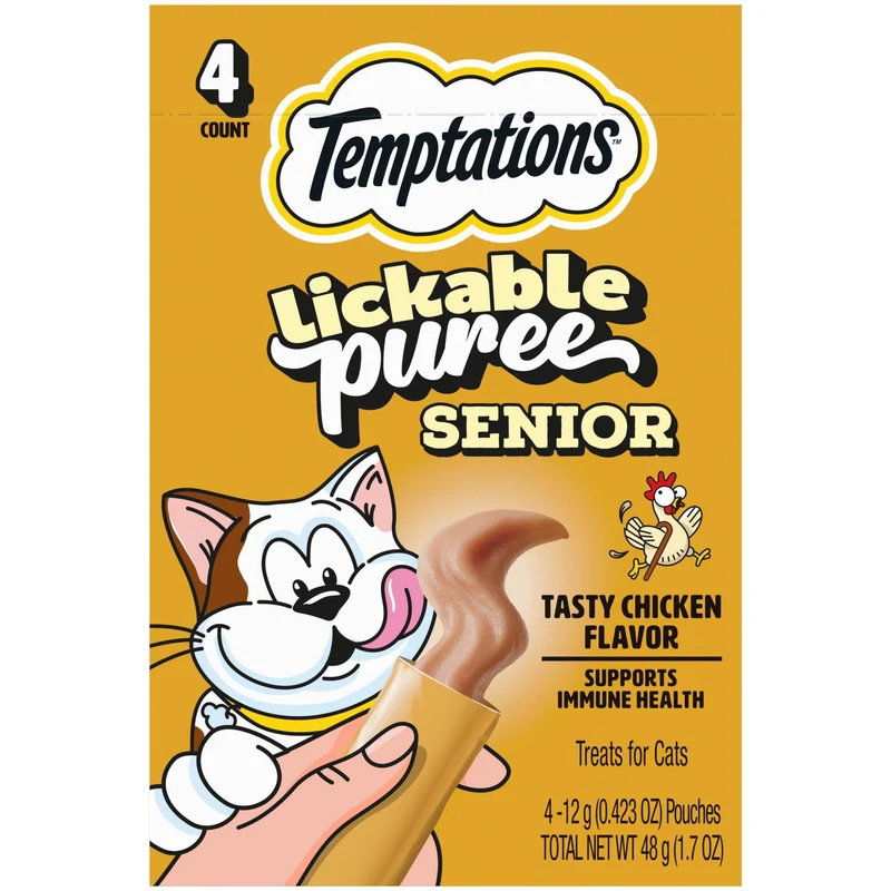 Temptations Purée Senior Chat – Friandises Lickables au Poulet (Pack de 11, 4 sachets par paquet)