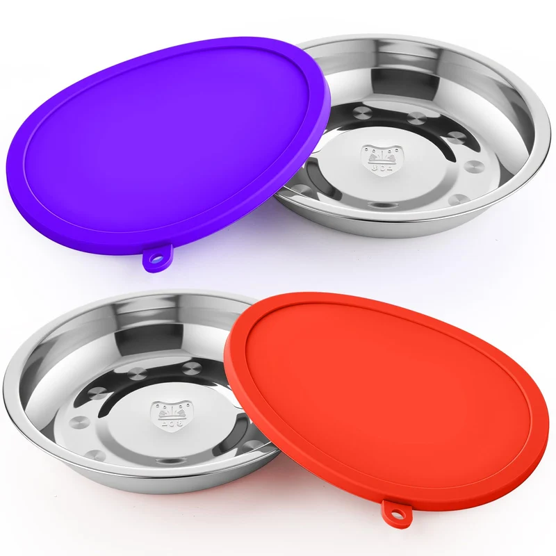 Patelai – 4 Bols en Acier Inoxydable avec Couvercles Silicone, Diamètre 16 cm, Pour Chats et Petits Chiens (Rouge/Violet)