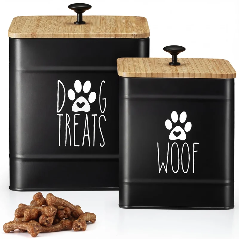 Perfnique – Ensemble de 2 Bocaux Hermétiques pour Friandises Chien, Design Noir Mat