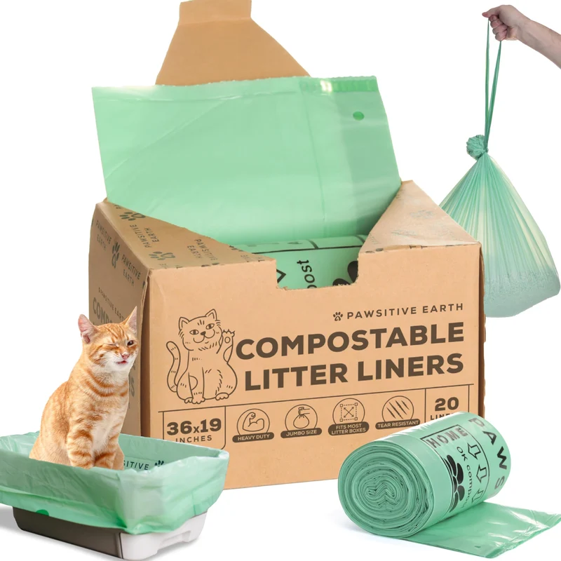 Pawsitive Earth - Revêtements pour bac à litière compostables 100% - 36 po x 19 po - Fermeture par cordon - OK Compost Home