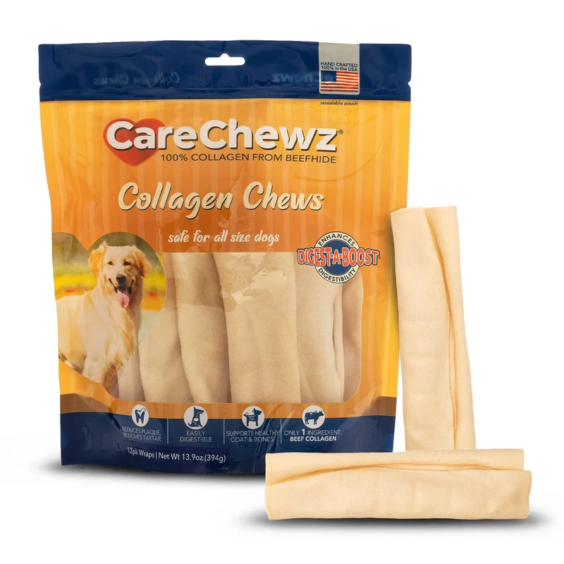 Pet Factory CareChewz Collagène – Rouleaux 6-7 pouces pour chiens, Saveur naturelle, Lot de 12