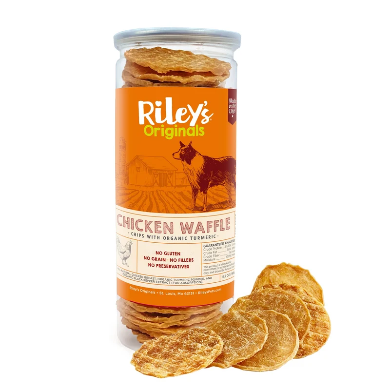 Riley's Waffles Chicken Chips pour chiens – Friandises déshydratées au poulet d’origine américaine, curcuma et poivre noir