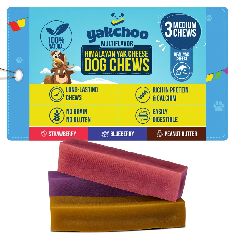 Yakchoo Friandises Yak Himalayennes pour chiens – Myrtille, Fraise & Beurre de cacahuète | Barres moyennes 70 g (pack de 3) | 100% naturel