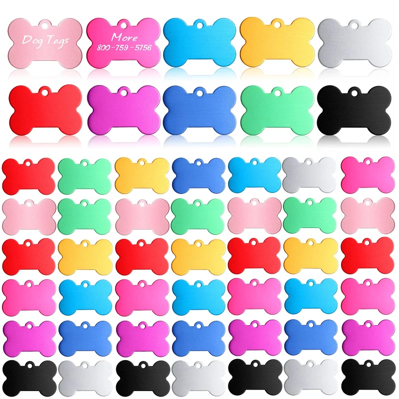 Roowest – 100 étiquettes d'identité pour animaux vierges, forme os, 38 mm, aluminium, double face, couleurs variées, à graver