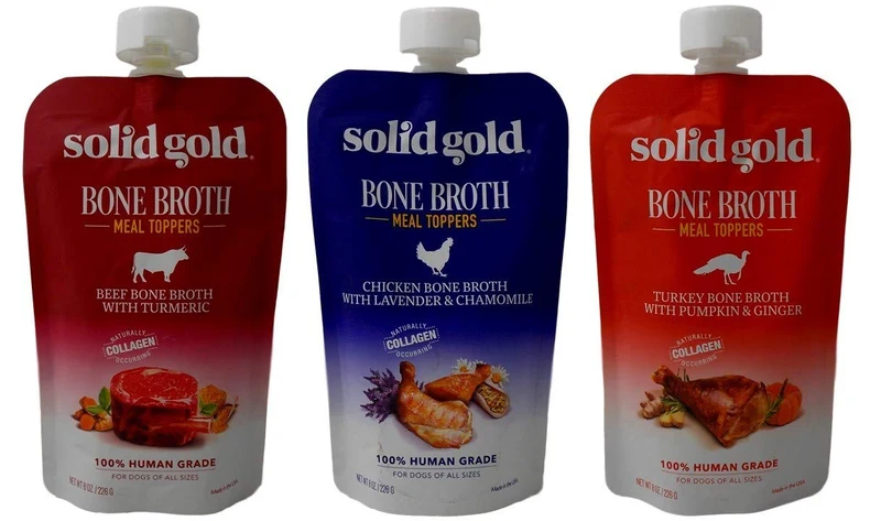 Solid Gold – Bouillon d’Os de Qualité Humaine pour Chiens – Échantillon 3 Saveurs (Bœuf, Poulet, Dinde) – 8 oz chacun