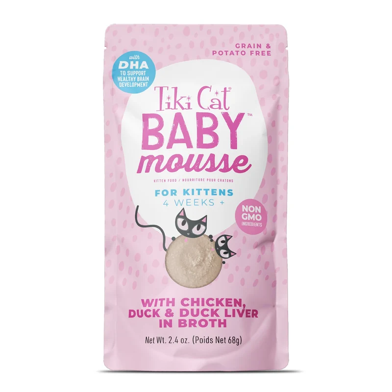 Tiki Cat Baby Mousse – Nourriture humide chaton au poulet, canard et foie, sachets de 68 g (12 sachets)