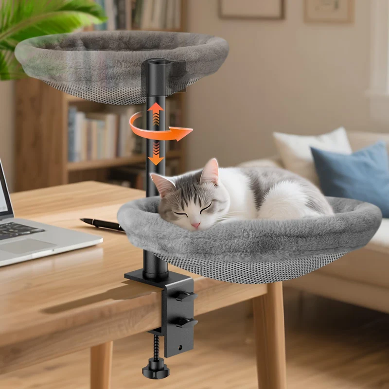 Giisorde Lit-Bureau pour Chat — Hamac 360°, Étagère Réglable, Nid Doux, Gris