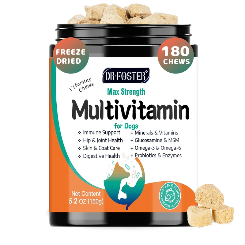 DRFOSTER Vitamines chien – Multivitamines 180 bouchées, goût poulet, glucosamine, probiotiques et omega3