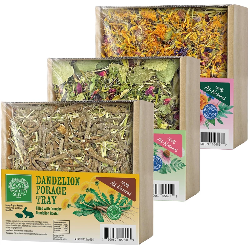 Small Pet Select Ensemble de Plateaux Fourrage – Lot de 3 Plateaux pour Lapin, Cobaye et Hamster – Mélanges Herbes, Fleurs et Pissenlits 70 g chacun