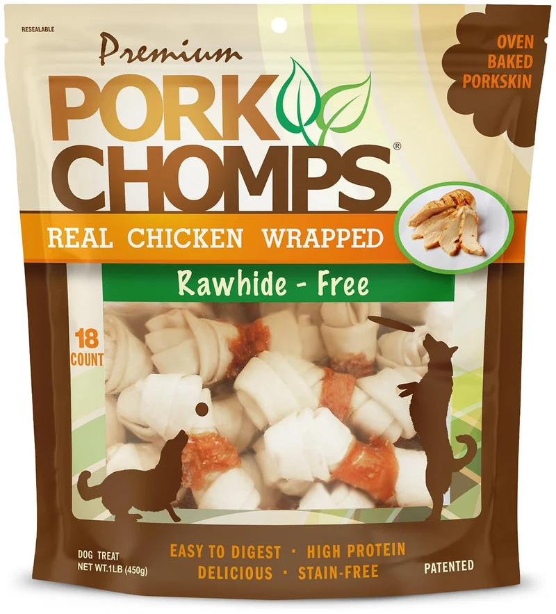 Pork Chomps – Os en peau de porc cuite au four, nœuds 3 pouces enrobés poulet, 18 pièces