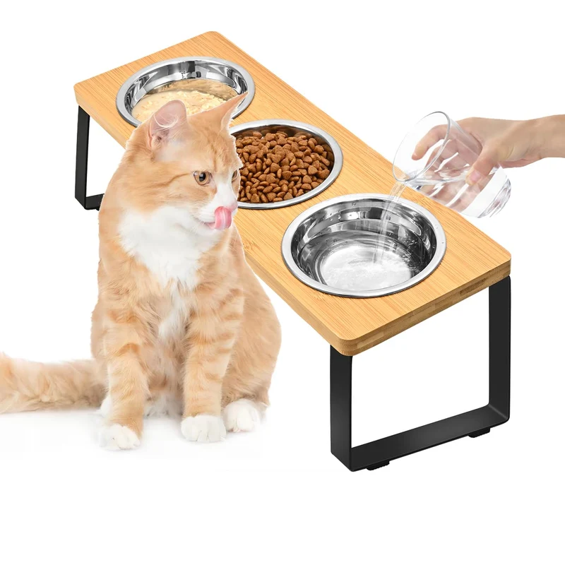 FTKINGDER Bol Aliment Élevé pour Chats et Chiens — Trois Bols en Inox 304, Plateau Incliné 15°, Support en Bambou (Couleur Bois)