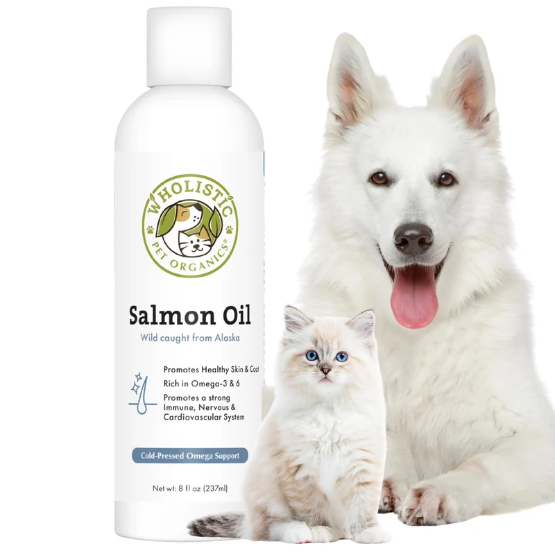 Wholistic Pet Organics Huile Saumon Sauvage d'Alaska pour Chiens et Chats – Oméga 3 EPA/DHA, Pelage et Cœur, 8 oz