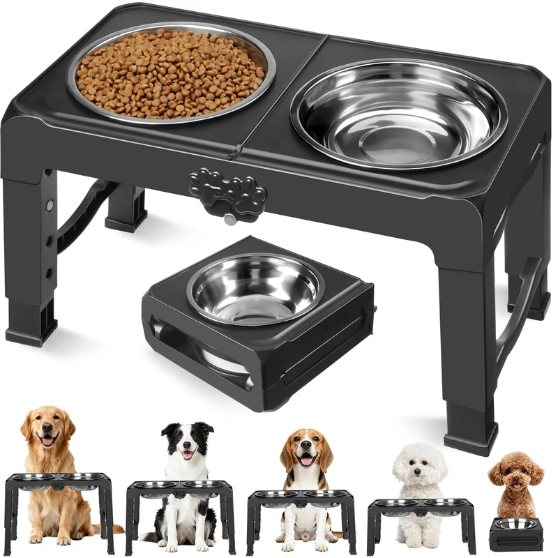 COMESOON Gamelles Chien Élevées – 5 Hauteurs, Inox, Anti-Glisse, Pliable