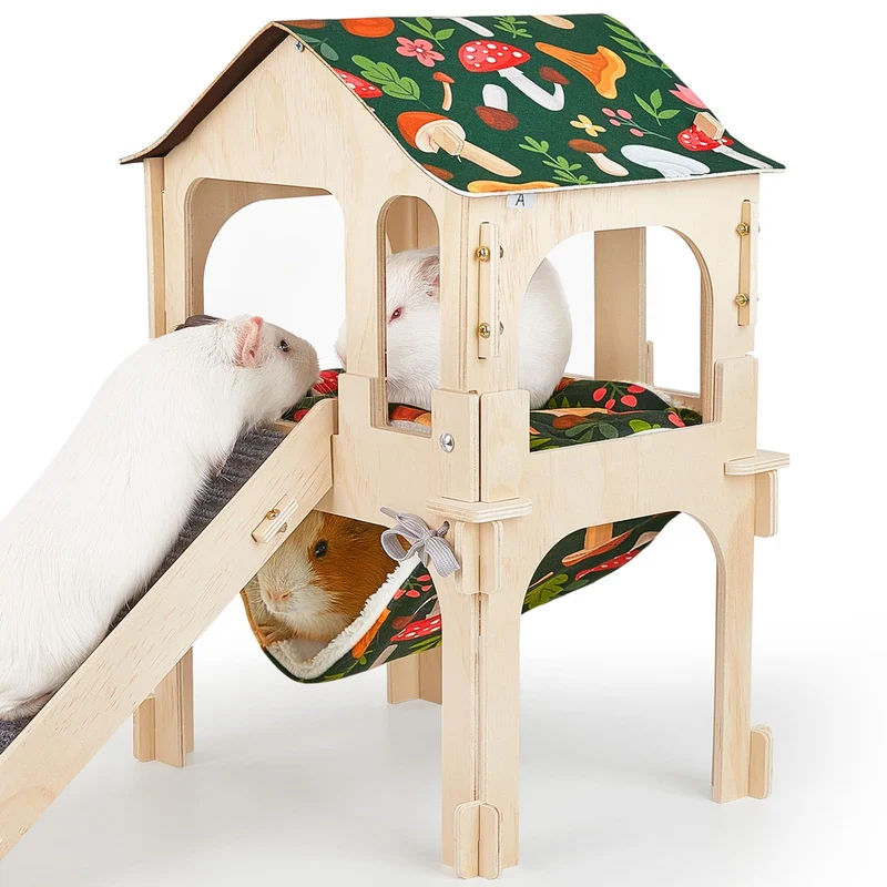 Bienbee Tanière en bois pour Cochons d’Inde – Château à deux étages avec hamac et échelle