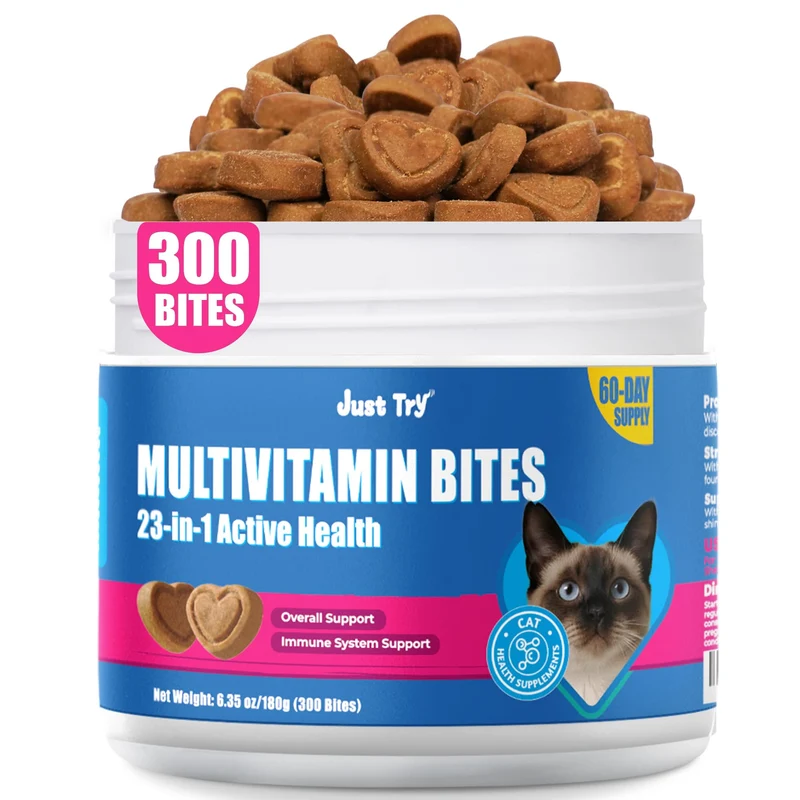 Just Try 23 en 1 Taurine pour Chats — Multivitamines et Gommes Immunité, Poil & Cœur (300 bouchées)