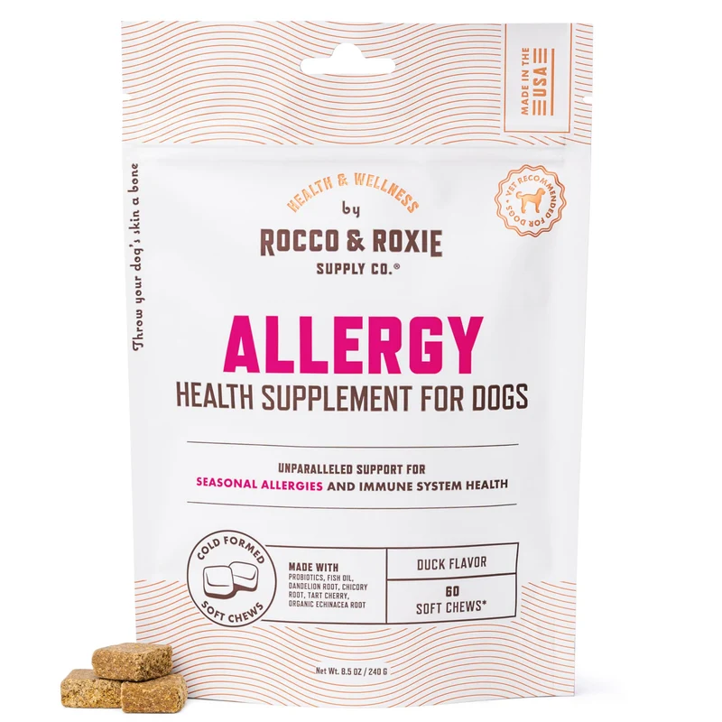 Rocco & Roxie – Friandises Soulagement des Allergies pour Chiens, Oméga-3, Probiotiques et Huile de Poisson, 60 unités