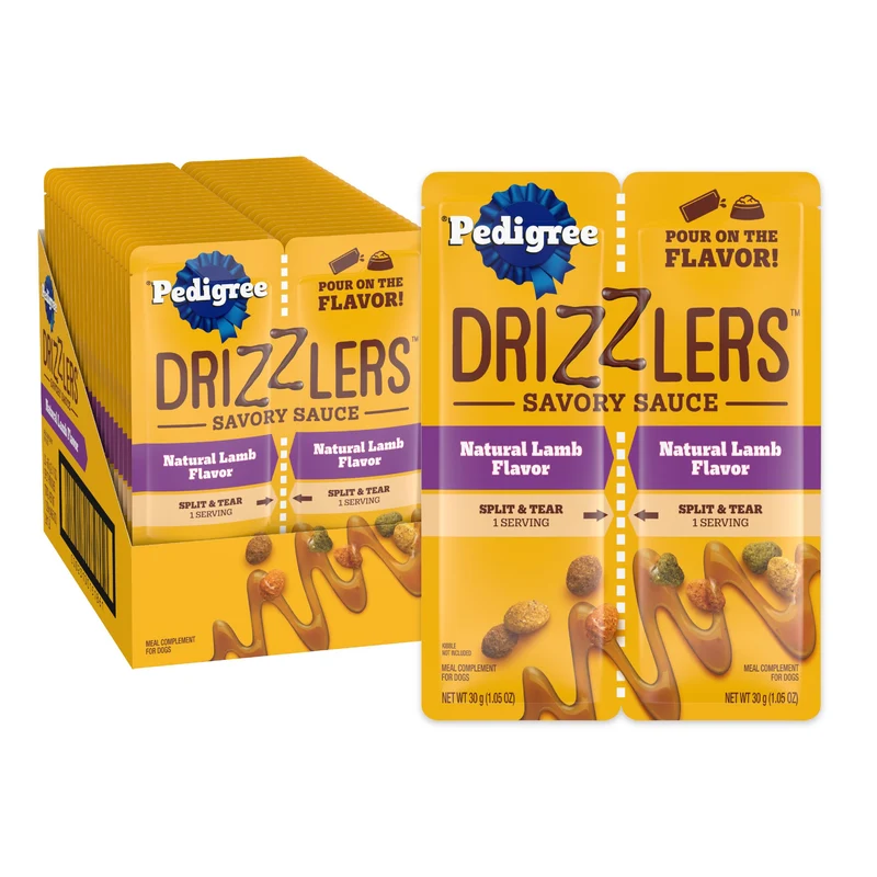 Pedigree Drizzlers – Sauce Savoureuse pour Croquettes, Goût Agneau, 60 g, Poches Double-Portion (22 unités, 44 portions)