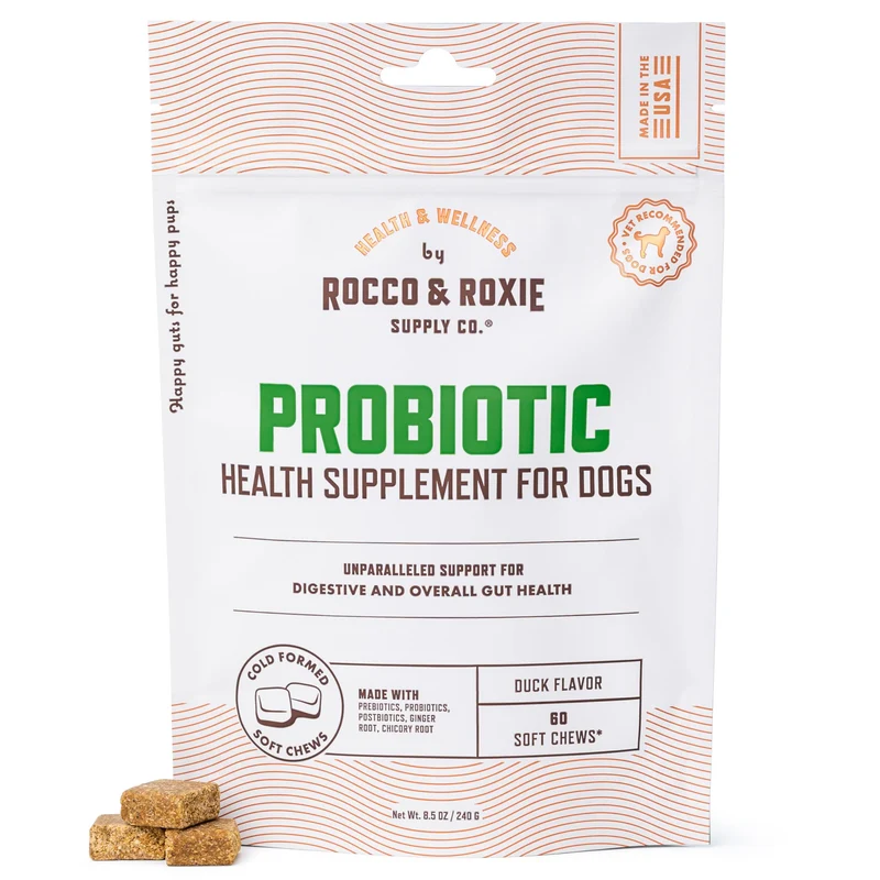 Rocco & Roxie Probiotiques pour Chiens – Soutien Digestif, Saveur Canard, 60 Friandises