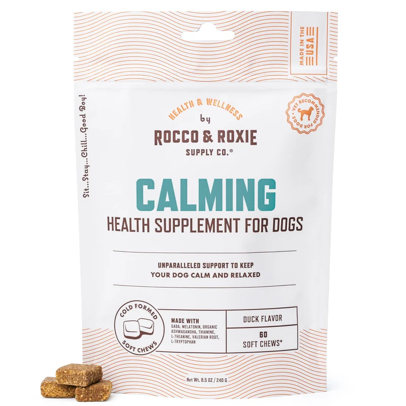Rocco & Roxie Friandises Apaisantes pour Chiens – Calme et Sommeil avec Mélatonine & Valériane, 60 unités