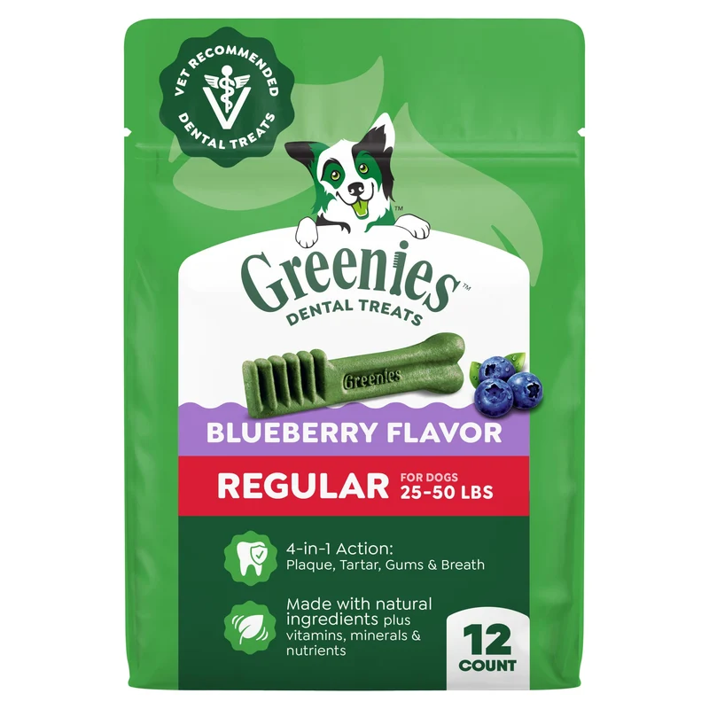 Greenies Friandises dentaires naturelles pour chiens – Myrtille, Taille Régulière, 12 oz, 12 pièces, recommandées par les vétérinaires
