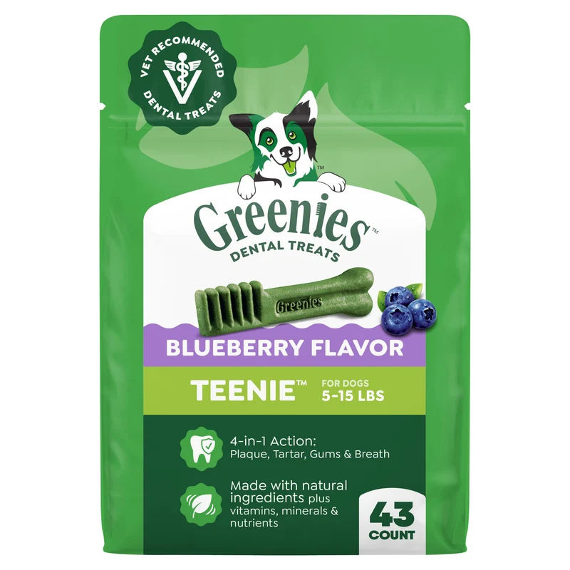 Friandises dentaires Greenies pour chiens – Teeny, goût Myrtille, 12 oz (43 bouchées)