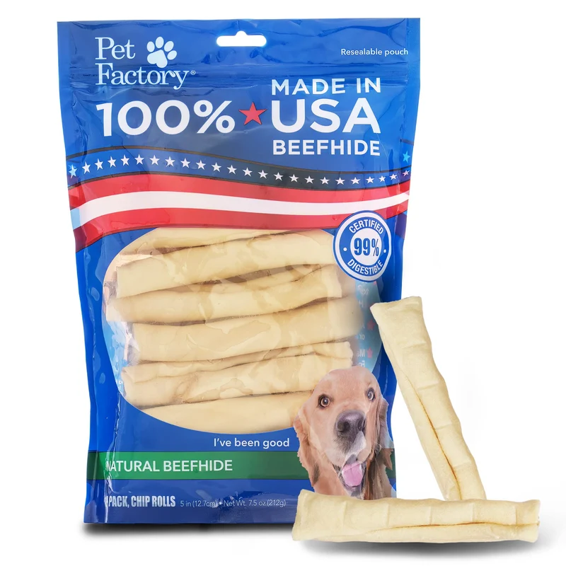 Pet Factory – Rouleaux de peau de bœuf 5 pouces, 18 pièces, fabriqué aux États-Unis, saveur naturelle