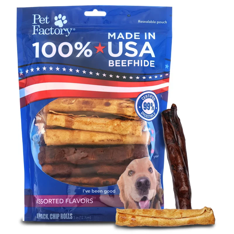 Pet Factory – Rouleaux de cuir de bœuf 5 po – Saveurs Bœuf & Poulet, 18 pièces – 100% fabriqué aux États‑Unis