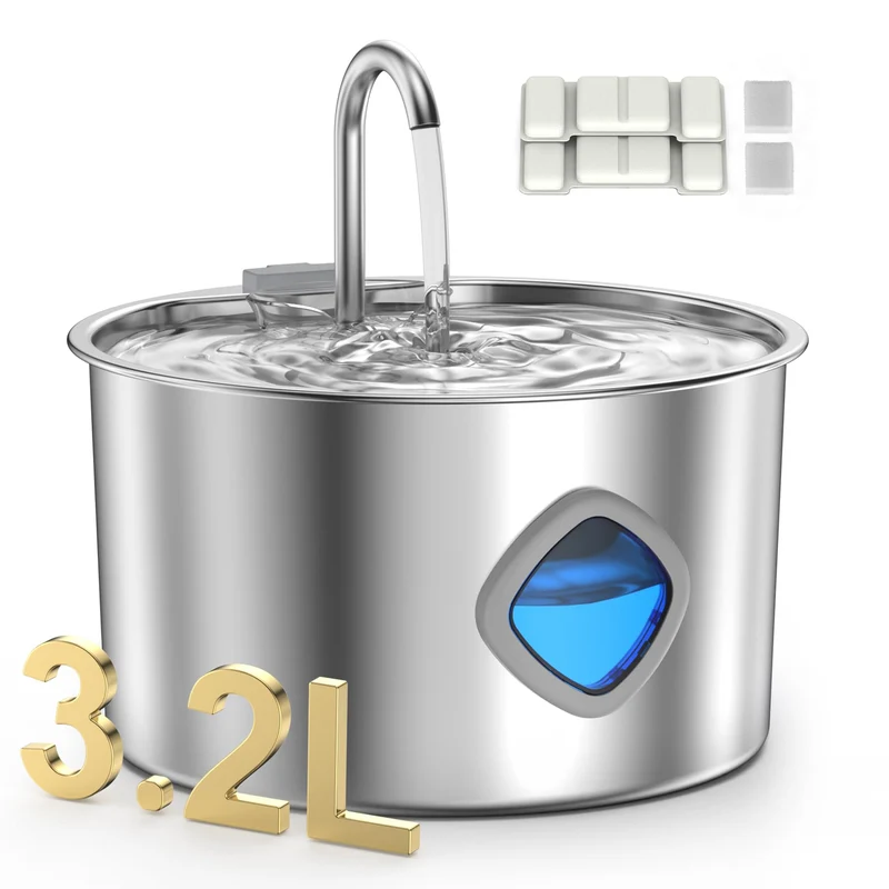 Fontaine à eau pour chat en acier inoxydable OYES – 3,2 L, filtration multi-étapes et 2 filtres