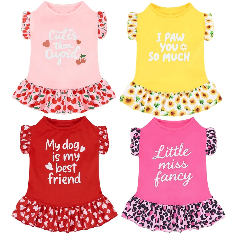 XPUDAC 4 Pack Robes pour Petit Chien – Tenues Florales Douces pour Chiens Femelles, Taille M