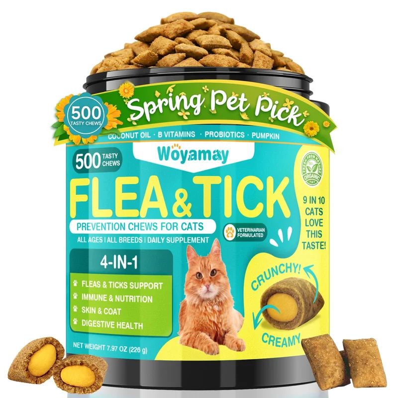 Woyamay 4-en-1 Prévention Puces et Tiques pour Chats — 500 friandises croustillantes et crémeuses au goût poulet-fromage