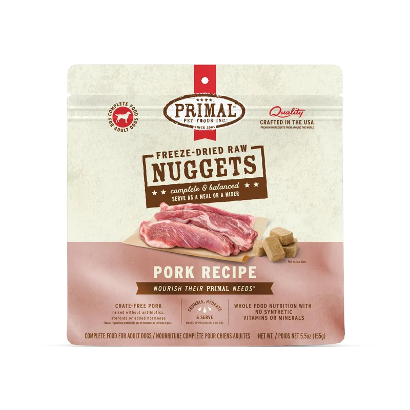 Primal Nuggets crus lyophilisés au porc pour chien — Repas complet et équilibré, sans céréales, haute protéine, 5,5 oz (156 g)