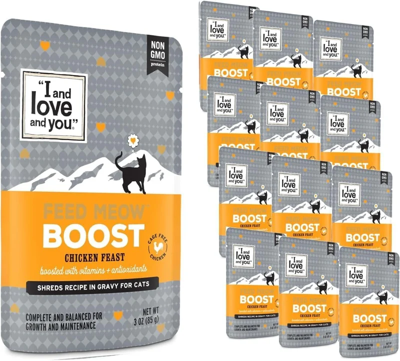 Feed Meow Boost – I AND LOVE AND YOU, Chat, Poulet sans céréales, Effiloché, 3oz x12
