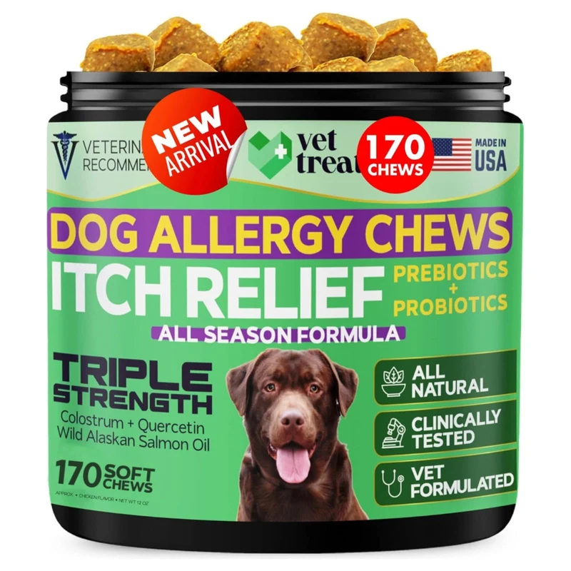 Vet Treat – Friandises Allergie Chien (170 bouchées) | Soulagement démangeaisons, peau sèche, soutien immunitaire – Oméga-3 et Colostrum, USA