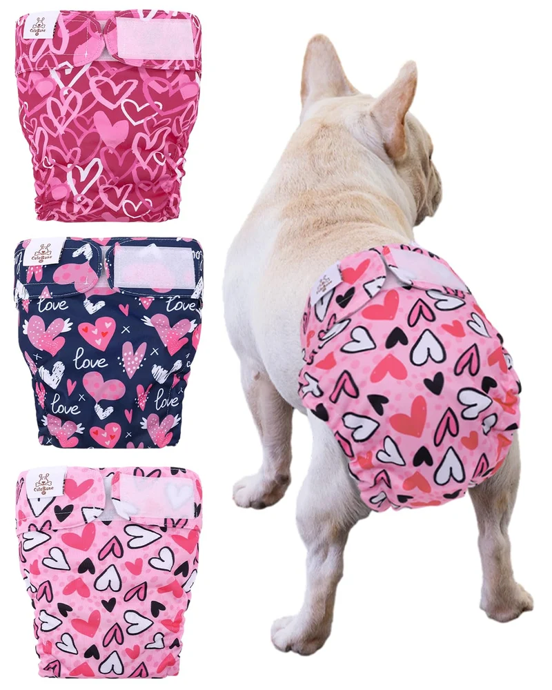 CuteBone Couches pour Chien Femelles Sans Queue - Lot de 3 Réutilisables pour Frenchie, Bulldog Français et Boston Terrier WWD20M
