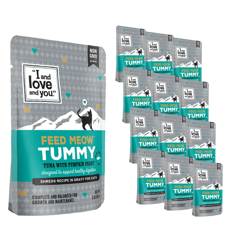 I AND LOVE AND YOU Feed Meow Tummy – Thon + Citrouille, Aide à la digestion, Sans céréales, Effiloché, Pack de 12 x 3 oz