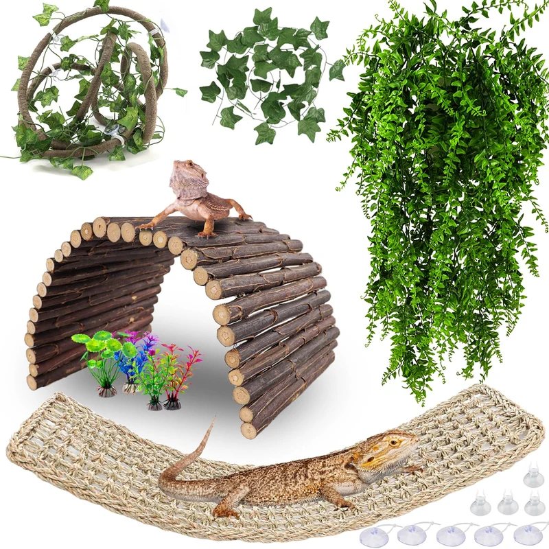 HERCOCCI Accessoires Terrarium Dragon Barbu – Pont Hammock Flexible, Vignes Jungle et Feuilles avec Ventouses