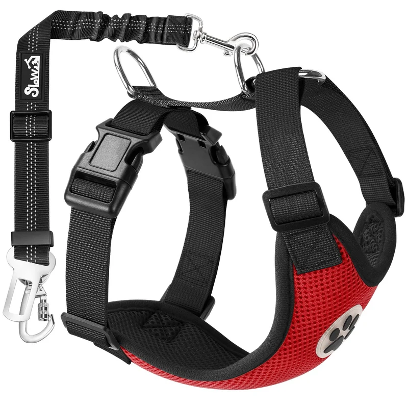 SlowTon Harnais Ceinture de Sécurité pour Chien – Voiture, Maille Respirante, Rouge, Double Clip, Taille S