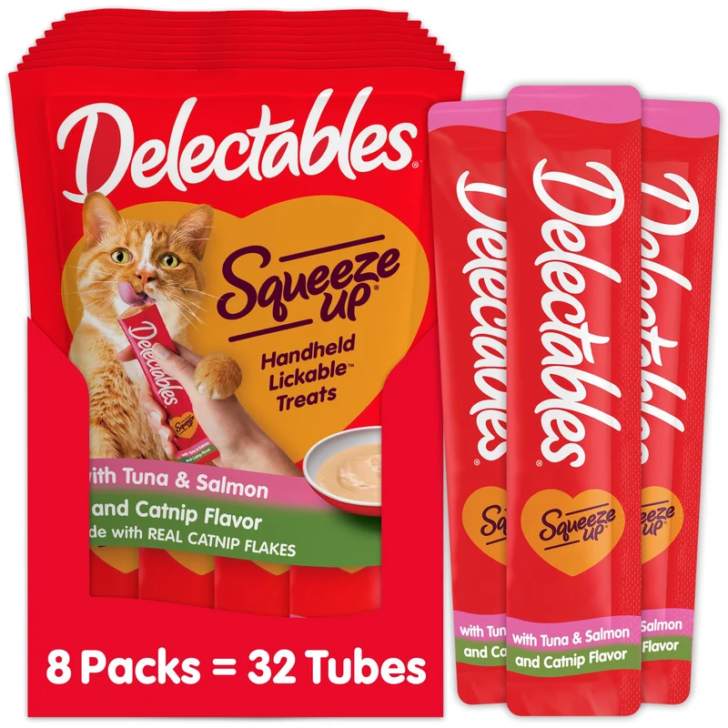 Delectables Squeeze Up Purée Lickable pour Chats — 32 Tubes 0,5 oz, Thon & Saumon avec Cataire, Sans Céréales