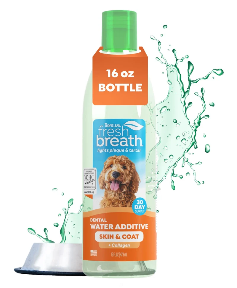 TropiClean Additif d’Eau pour Haleine Fraîche et Soin Peau – Chiens, 16 oz