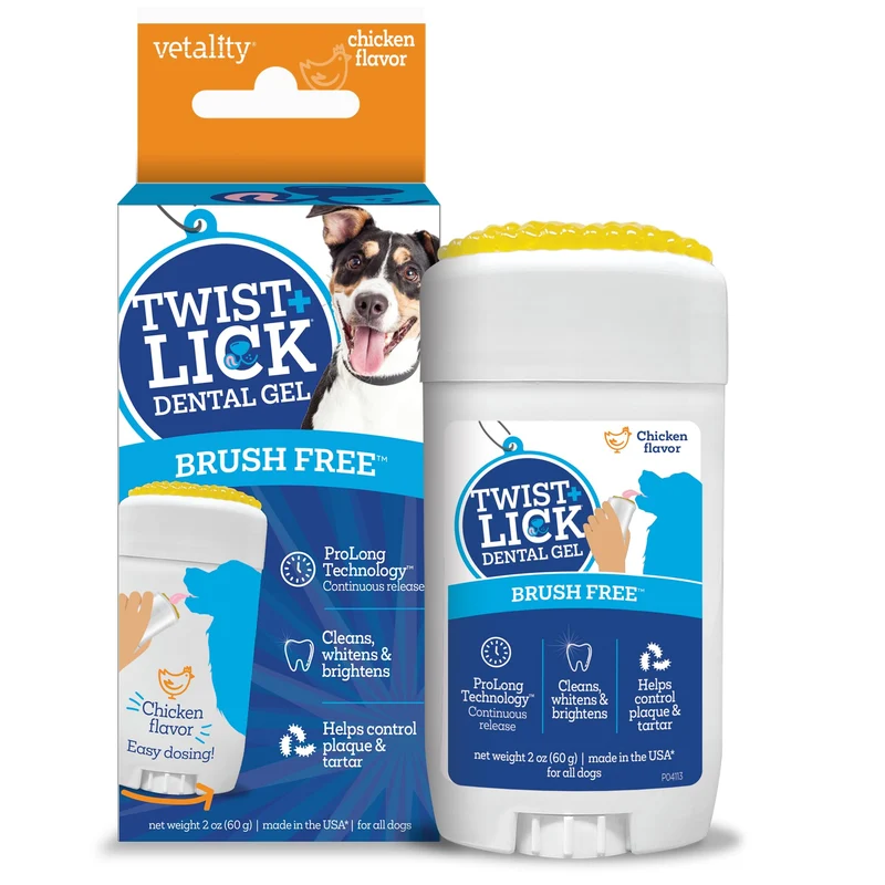 Vetality Twist + Lick Gel Dentaire pour Chiens – Haleine Fraîche 24h, Saveur Poulet, 2 oz (30 Jours)