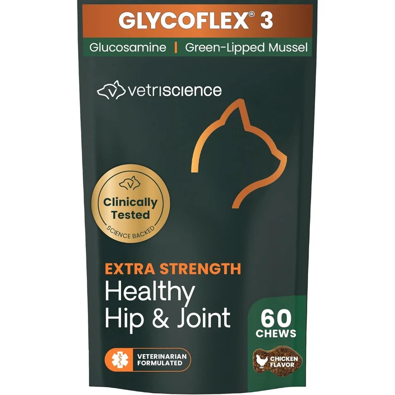 VETRISCIENCE Extra Strength Healthy Hip & Joint pour Chats – GlycoFlex Étape 3, Glucosamine et Moules à Lèvres Vertes, Friandises à Mâcher pour Chat, 60 Pièces