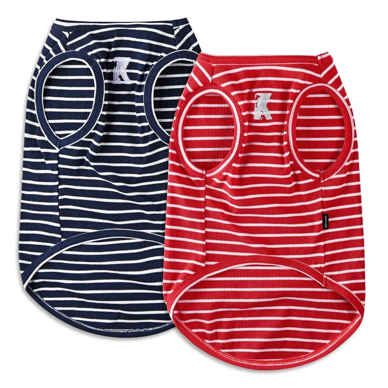 Koneseve Gilet T-shirt pour Chien Sans Manches – Léger et Respirant, Rayures Rouges et Bleues, Lot de 2 [L/Large]
