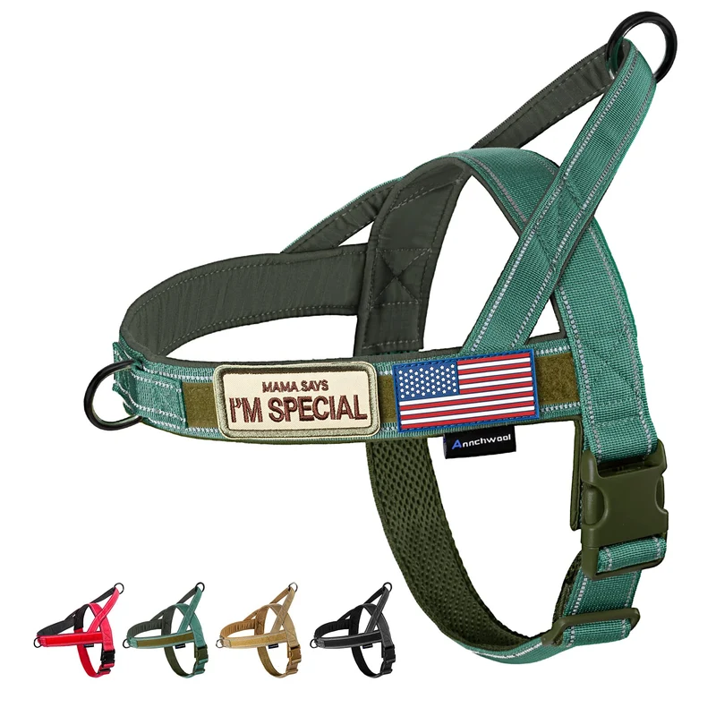 Annchwool Harnais Anti-Tir pour Chien avec Poignée Douce et Bande Réfléchissante – Ajustable, Confort et Visibilité (Vert, L)