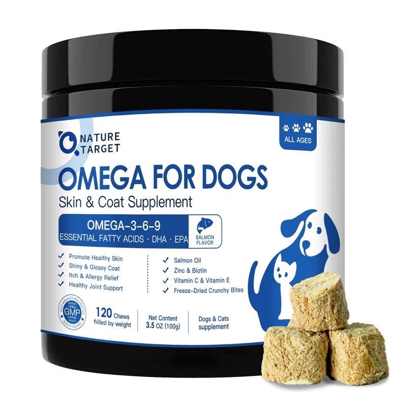 Nature Target Oméga 3 pour chiens — Huile de saumon, EPA & DHA, peau et pelage, démangeaisons et articulation — 120 bouchées