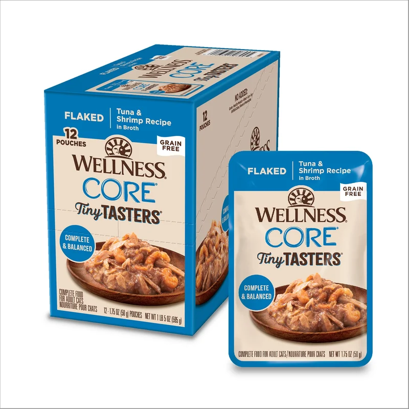 Wellness CORE Tiny Tasters Flaked – Chat Adulte Thon & Crevettes, Sans Céréales, 12 Sachets