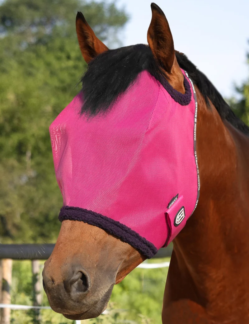 Harrison Howard Masque anti-mouches pour cheval en maille – UV, bordure polaire rembourrée, Magenta, Taille L