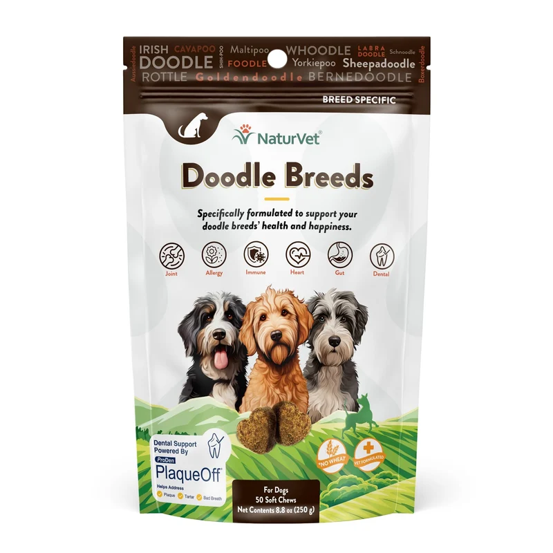 NaturVet Doodle Breeds – Supplément chien (50 friandises molles) soutien des articulations, peau et pelage, digestion, immunité – sans blé