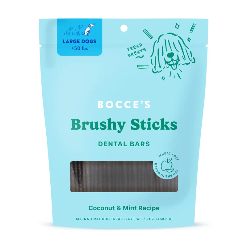 Brushy Sticks Bocce’s Bakery – Barres dentaires pour chiens sans blé, haleine fraîche, ingrédients réels, fabriqué aux États‑Unis – Grands chiens