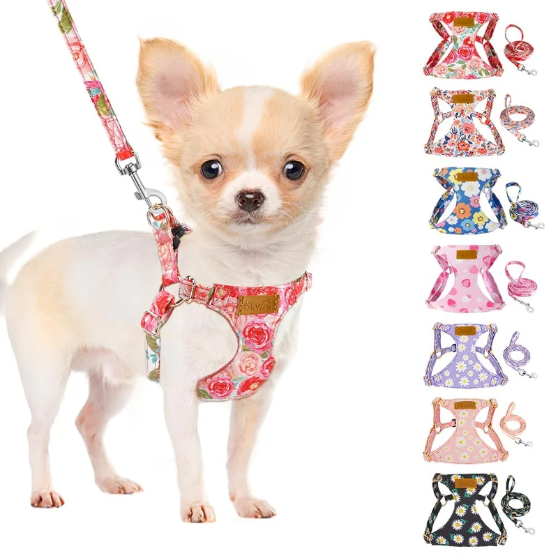 SlowTon Harnais sans traction pour chien avec laisse – Léger, doux et floral (Rose, XS)